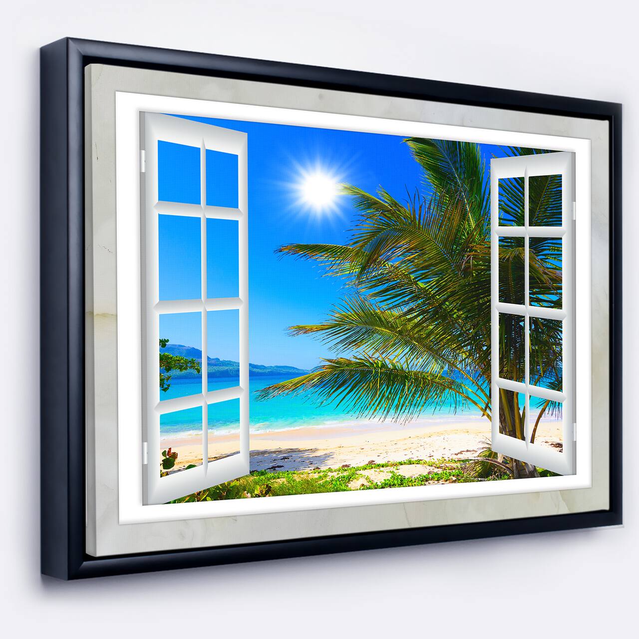 Designart - Window Open to Beach with Palm - Extra Large Seashore Framed Canvas Art